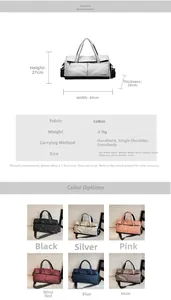 Vue détaillée du sac de sport avec dimensions et options de couleurs rose, bleu et argent