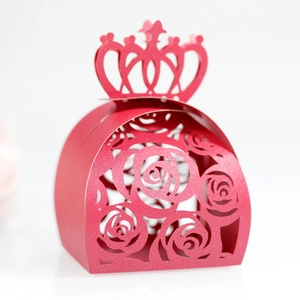 Pink hollow rose and crown favor box for weddings with laser cut paper detail
