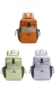 Nylon backpacks in sunset gold, avocado green, and wisteria purple with mesh pocket detail