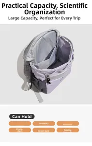 Internal compartment detail of a purple nylon backpack showing organized storage capacity