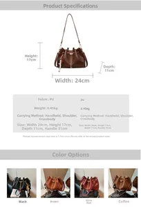 Detailed size chart and multi-color options for the pleated drawstring bucket bag