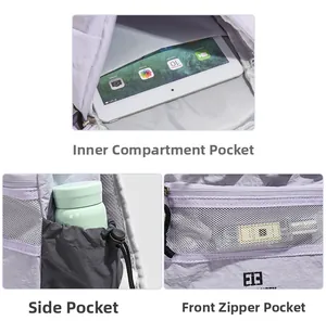 Detail of light purple laptop backpack showing tablet sleeve, side pocket and mesh bag