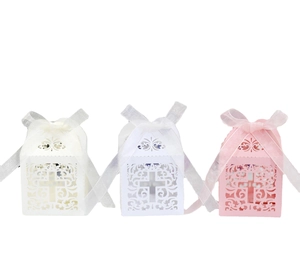 Laser-cut cross candy boxes with ribbons for weddings and baptisms in three colors