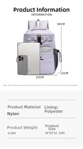 Lightweight nylon backpack dimensions 34x23x12cm shown with iPad for size reference