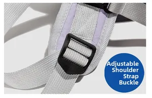 Detail of light grey backpack with adjustable plastic buckle and woven texture straps