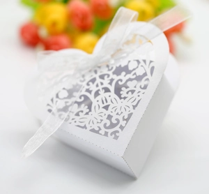 Macro shot of white hollow-out heart gift box with laser-cut floral details and ribbon