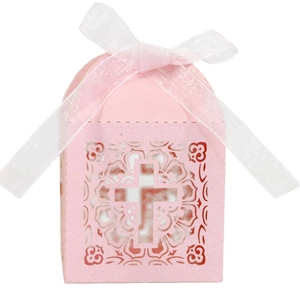 Pink hollow cross lace favor box with white organza ribbon for weddings and baptisms