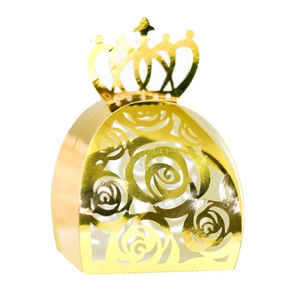 Elegant gold crown gift box with hollow rose patterns for wedding candy and chocolates