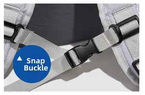 Close-up of durable black plastic buckle and grey nylon webbing on lavender backpack