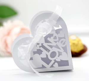 Laser-cut heart gift box with LOVE text and white ribbon for wedding party favors