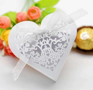 Detail of white laser-cut hollow heart gift box with elegant ribbon and floral background