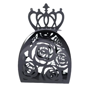 Elegant black laser-cut hollow candy box with rose patterns and a crown top for weddings