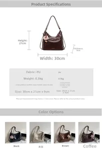 Detailed chart showing PU leather backpack dimensions, weight, and four color options