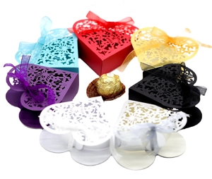 Laser cut heart candy box in various colors with ribbon for wedding party favors