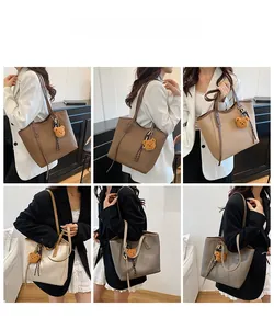 Detailed views of vintage faux leather tote bags in six colors with bear charms