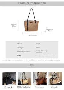 Detailed size specifications and color options for the suede tote bag with dimensions