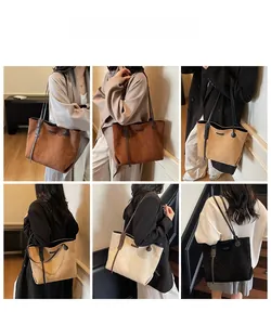 Multiple views of quilted suede tote bags in brown, beige and black worn by a model