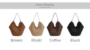 Color display of woven bucket bags in brown, khaki, coffee, and black leather texture