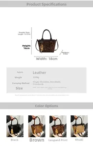 Detailed size chart and color options for the leopard print suede bucket handbag