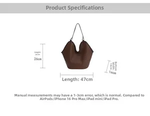 Detailed view of large brown woven leather hobo bag with specific size measurements