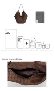 Detailed view of woven bucket bag capacity and inner zipper pocket structure