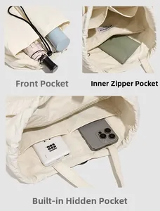 Detail view of large nylon backpack featuring internal zip pockets and multi-compartment storage
