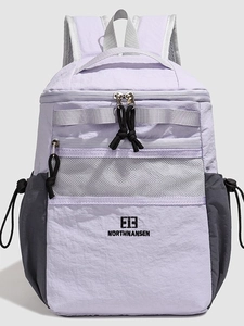 Front view of lavender and grey large capacity travel backpack with E13 branding