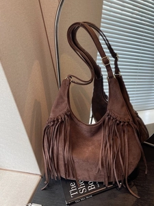 Women Vintage Suede Tassel Hobo Bag Bohemian Fringe Tote Bag Adjustable Strap Shoulder Crossbody Bag Relaxed Retro Handbag