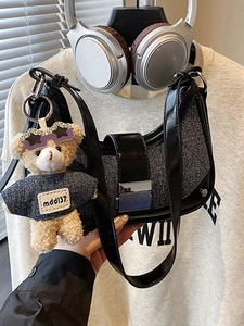 Women Retro PU Leather Denim Patchwork Crossbody Bag Fashion Half Moon Hobo Bag With Cute Bear Pendant Shoulder Bag