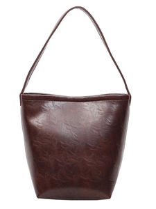 Minimalist deep brown oil wax leather bucket bag with large capacity and shoulder strap