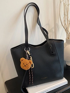 Women Large Capacity Vintage PU Leather Tote Bag Versatile Retro Shoulder Commuting Handbag With Bear Charm Fashion Purse