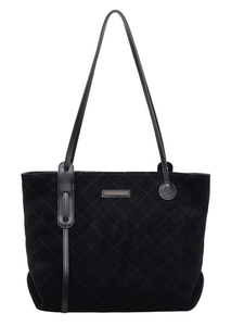 Black quilted suede tote bag for women with rhombus patterns and long shoulder straps