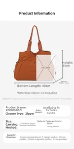 Detailed size chart and specifications of the lightweight waterproof nylon tote bag