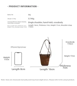 Detail showing dimensions of brown PU leather bucket bag with its long shoulder strap