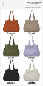 Waterproof nylon tote bags shown in six colors with drawstring side pockets and magnetic closures