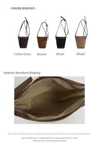 Vertical matte mini bucket bag showing internal zipper pocket and four color options
