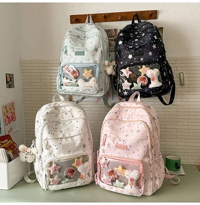 Detail of star pattern school backpacks with a transparent window for decorative pins