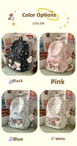 Detail view of four colorful backpacks with star patterns and clear display pockets