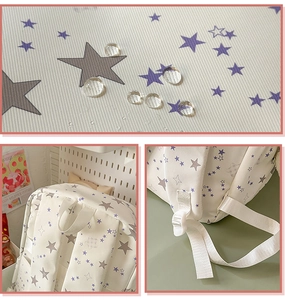 Water-repellent fabric detail with star patterns and sturdy adjustable buckles on the backpack