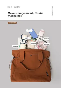 Brown water-resistant tote bag interior showing large capacity for A4 magazines and items