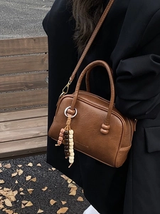 Vintage brown PU leather Boston bag with fashion logo and colorful beaded charm