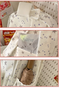 Detailed view of the star-patterned white backpack with side pockets and a sturdy handle