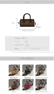Detailed size specifications and color options for the leopard print PU mini square handbag