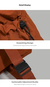 Detail of waterproof nylon backpack showing drawstring closure and adjustable strap buckle