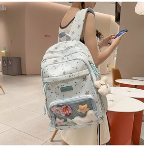 Detail of mint green school backpack with star patterns and clear heart-shaped insert pocket