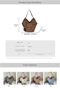 Detailed size chart for the vintage large capacity tote bag with dimensions and specs