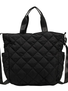 Black quilted diamond pattern tote bag with adjustable strap and side pockets for women