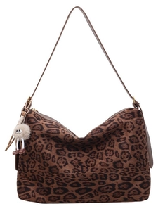 Sac fourre-tout à imprimé léopard en daim avec bandoulière et pendentif en peluche