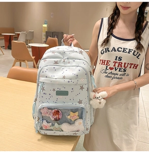 Detail of light blue starry backpack with mesh pocket and white bunny plush accessory