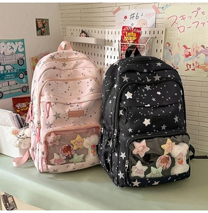 Detail of star pattern backpack with transparent PVC display pocket for anime accessories